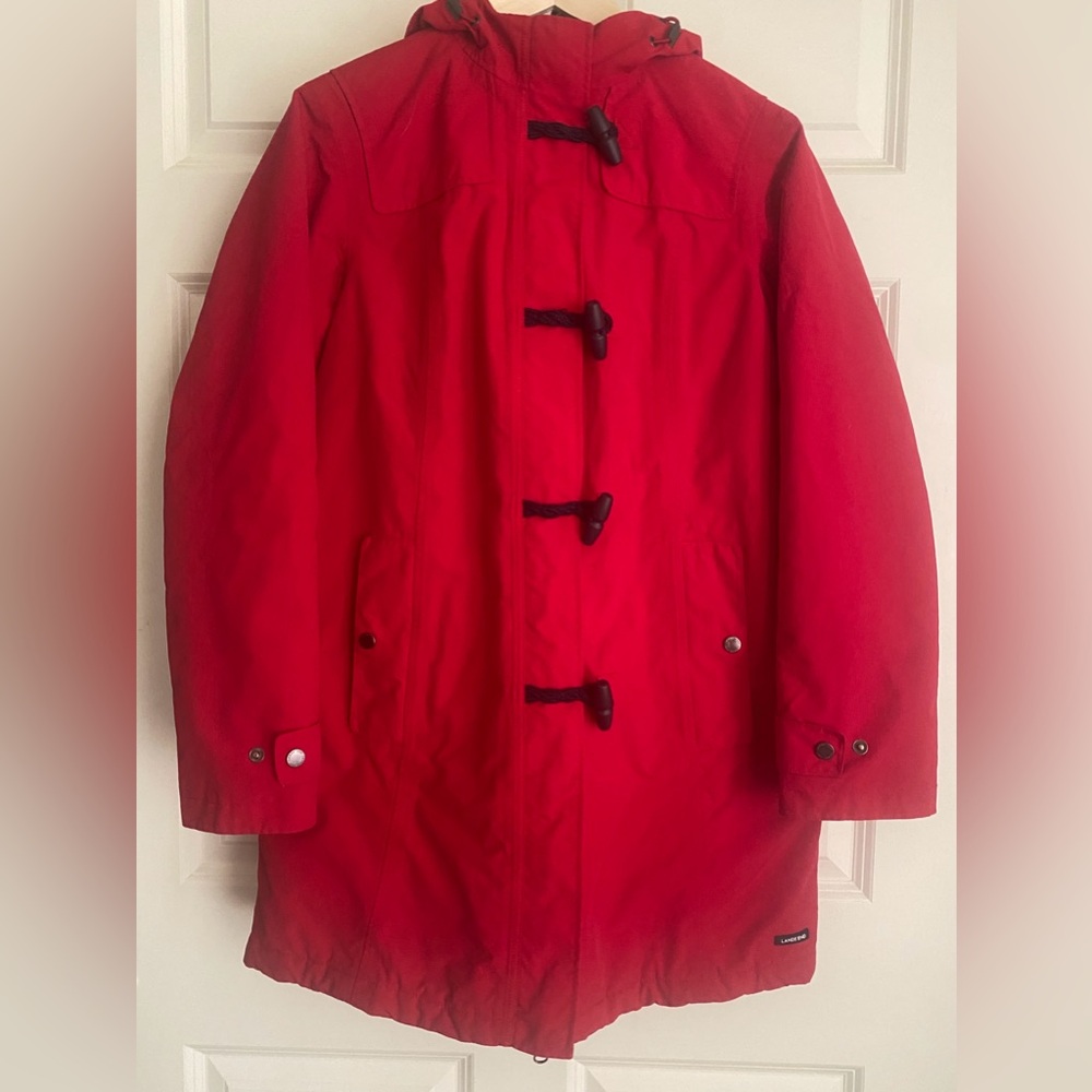 Lands' End Red Hooded Duffel Coat Size M 10/12 Toggle Buttons Winter Jacket